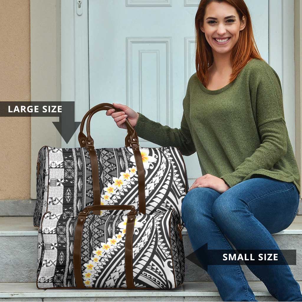 Black Vintage Tonga Ngatu Pattern With Plumeria Travel Bag - Polynesian Pride