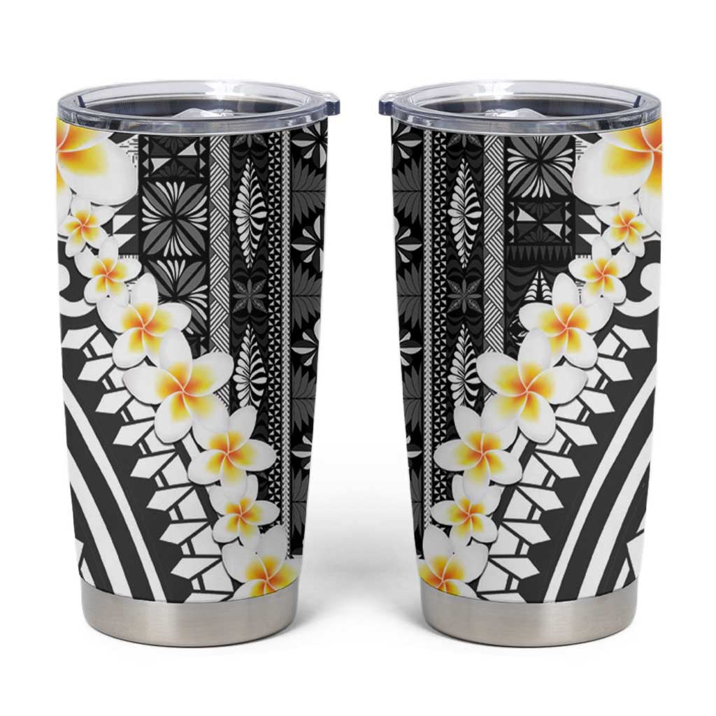 Black Vintage Tonga Ngatu Pattern With Plumeria Tumbler Cup - Polynesian Pride