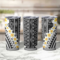 Black Vintage Tonga Ngatu Pattern With Plumeria Tumbler Cup - Polynesian Pride