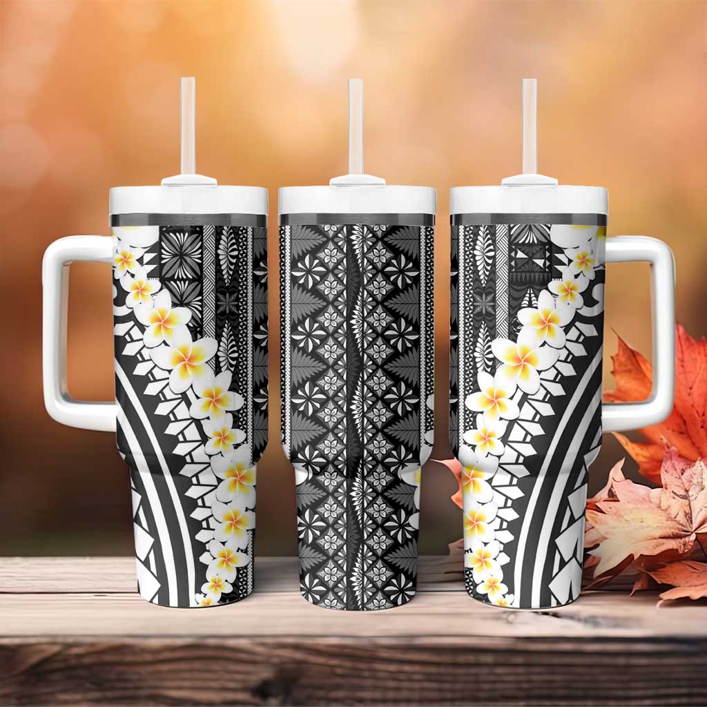 Black Vintage Tonga Ngatu Pattern With Plumeria Tumbler With Handle - Polynesian Pride