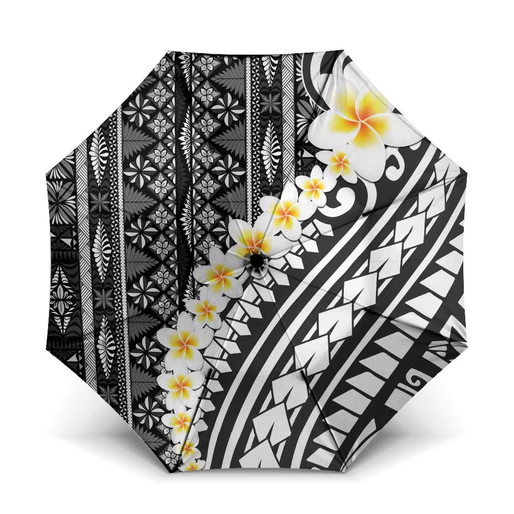 Black Vintage Tonga Ngatu Pattern With Plumeria Umbrella - Polynesian Pride