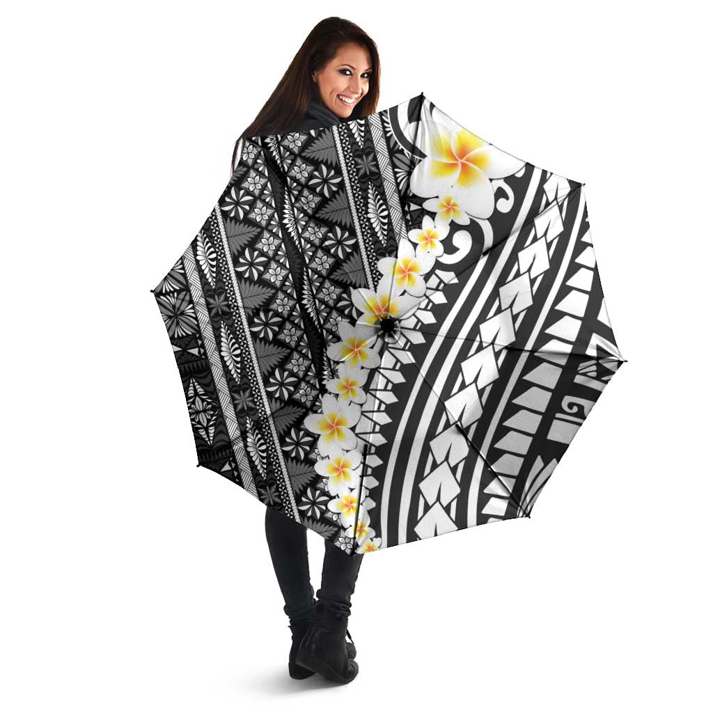Black Vintage Tonga Ngatu Pattern With Plumeria Umbrella - Polynesian Pride