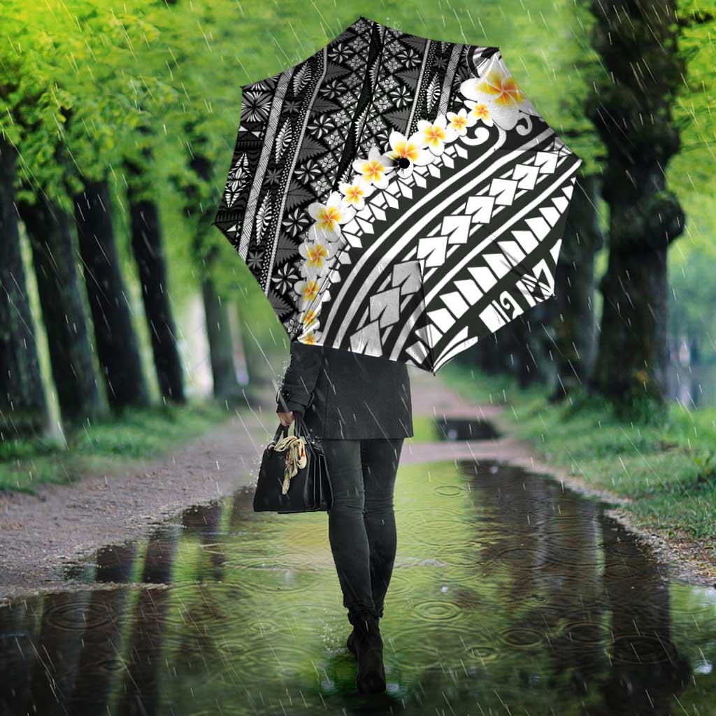 Black Vintage Tonga Ngatu Pattern With Plumeria Umbrella - Polynesian Pride
