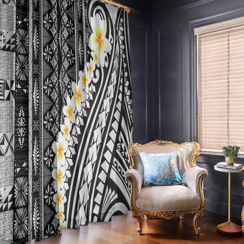 Black Vintage Tonga Ngatu Pattern With Plumeria Window Curtain - Polynesian Pride