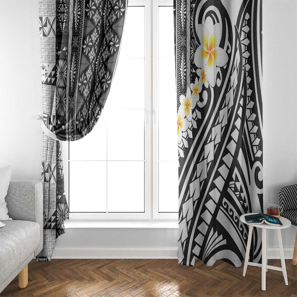 Black Vintage Tonga Ngatu Pattern With Plumeria Window Curtain - Polynesian Pride