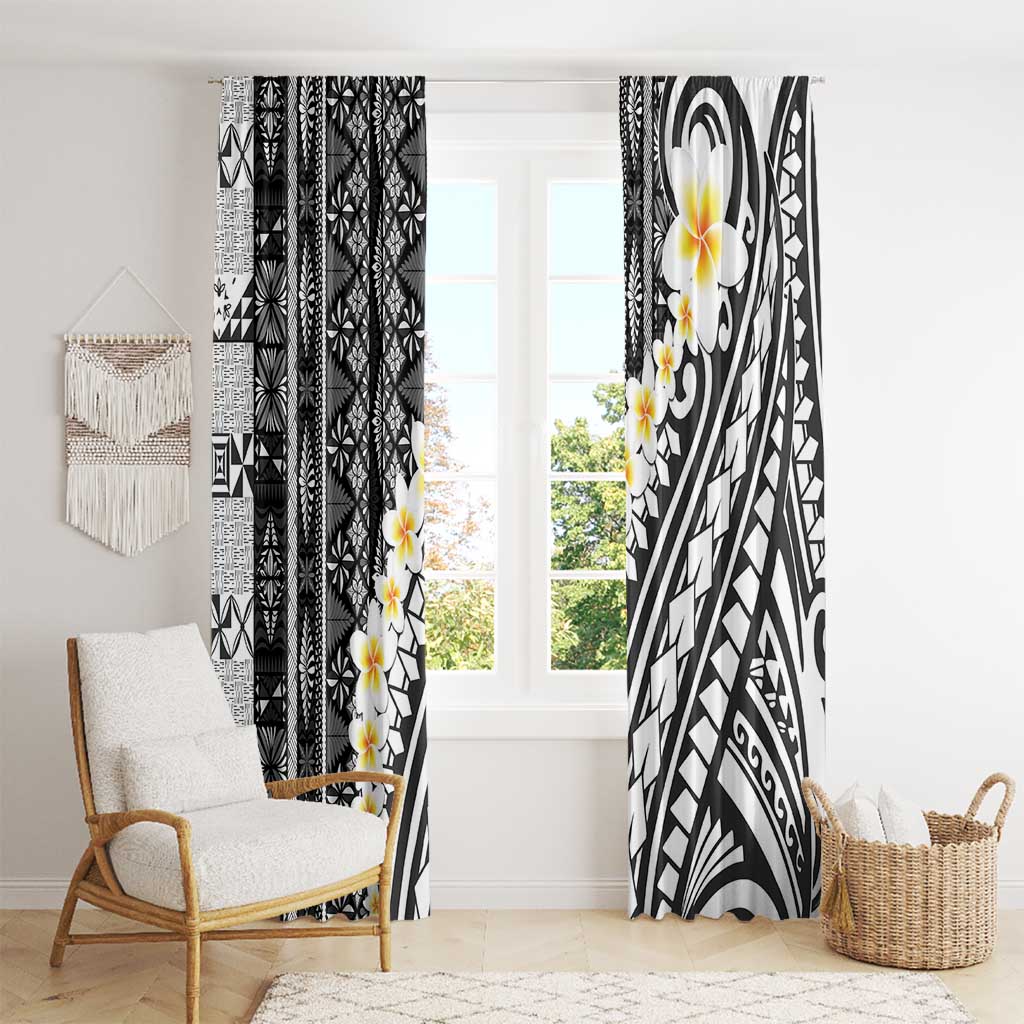 Black Vintage Tonga Ngatu Pattern With Plumeria Window Curtain - Polynesian Pride