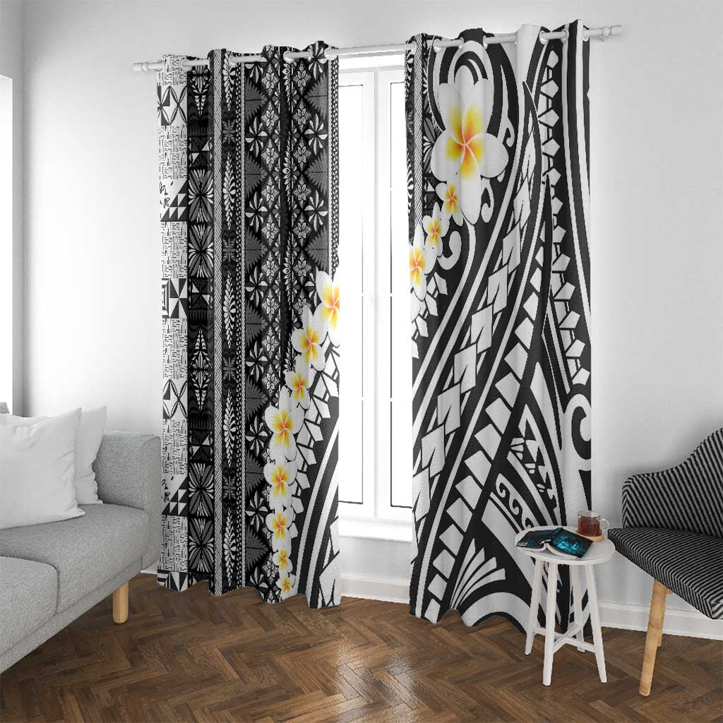 Black Vintage Tonga Ngatu Pattern With Plumeria Window Curtain - Polynesian Pride