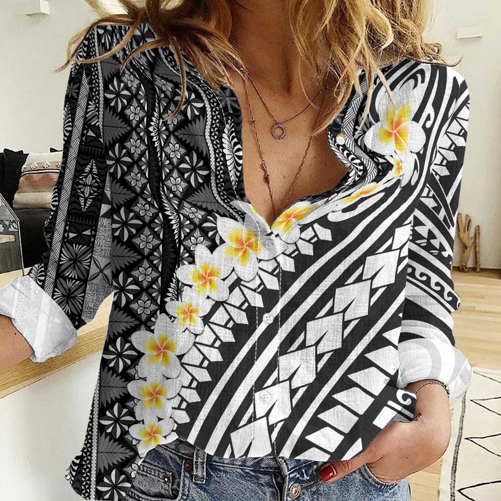 Black Vintage Tonga Ngatu Pattern With Plumeria Women Casual Shirt - Polynesian Pride