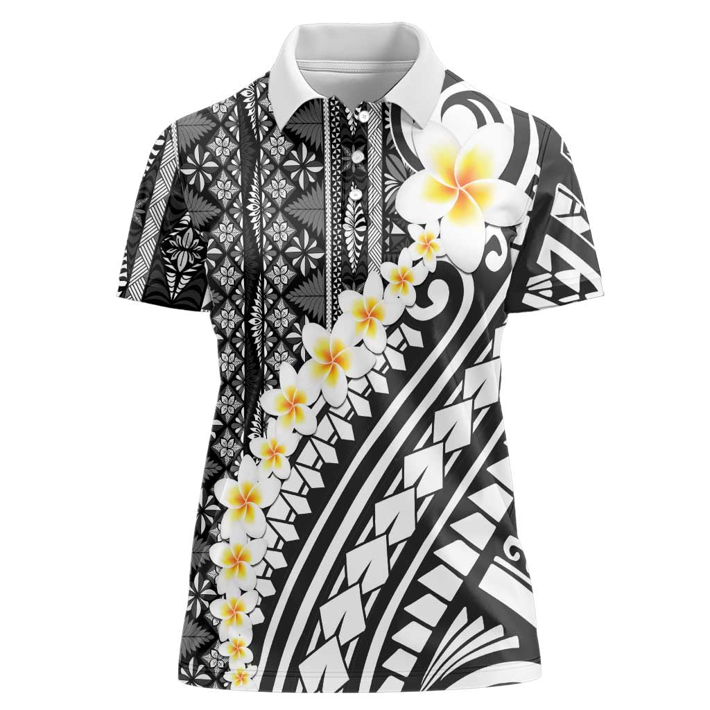 Black Vintage Tonga Ngatu Pattern With Plumeria Women Polo Shirt - Polynesian Pride