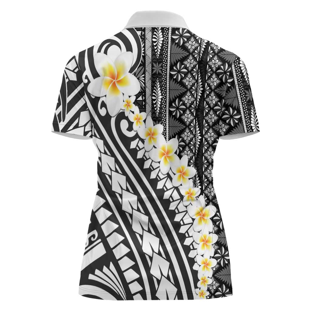 Black Vintage Tonga Ngatu Pattern With Plumeria Women Polo Shirt - Polynesian Pride