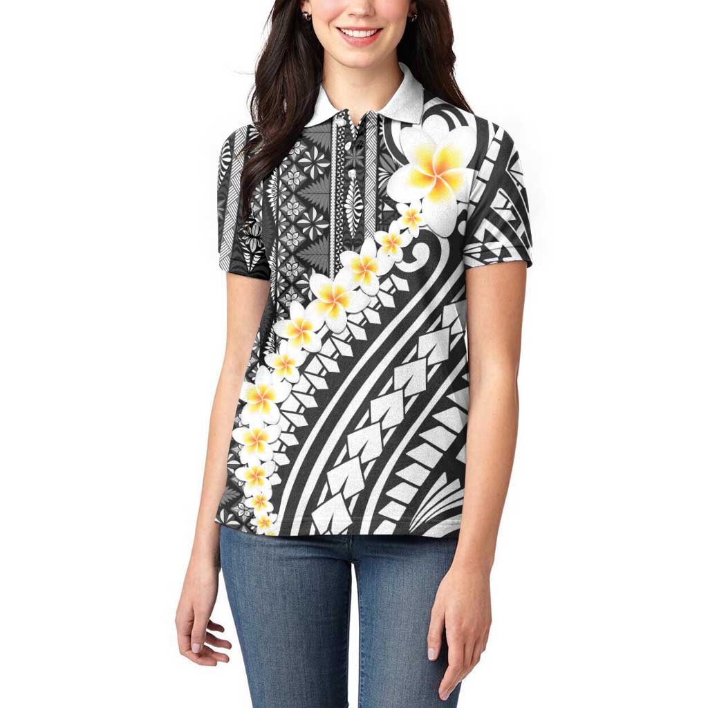 Black Vintage Tonga Ngatu Pattern With Plumeria Women Polo Shirt - Polynesian Pride