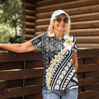 Black Vintage Tonga Ngatu Pattern With Plumeria Women Polo Shirt - Polynesian Pride