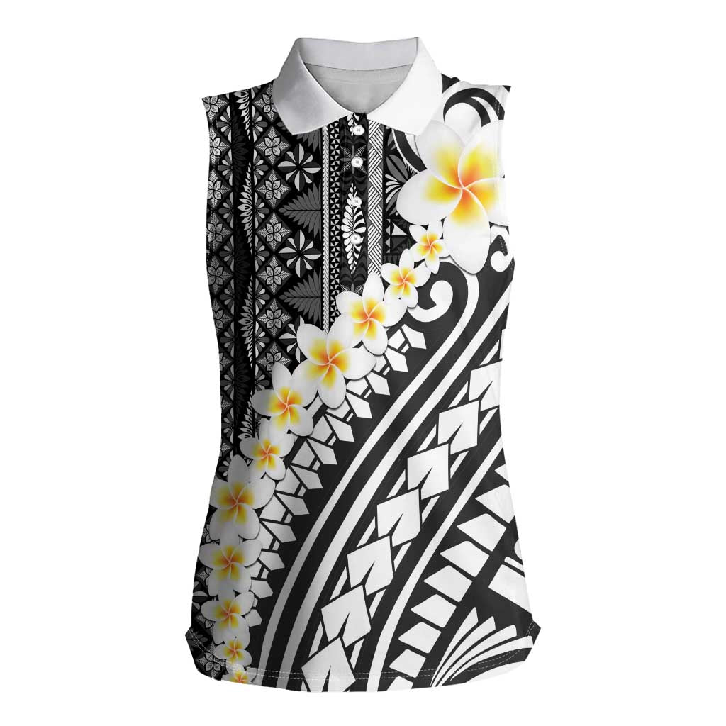Black Vintage Tonga Ngatu Pattern With Plumeria Women Sleeveless Polo Shirt - Polynesian Pride