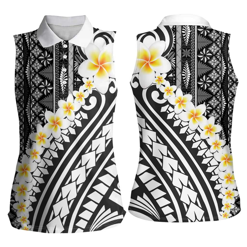 Black Vintage Tonga Ngatu Pattern With Plumeria Women Sleeveless Polo Shirt - Polynesian Pride
