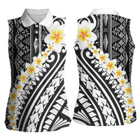 Black Vintage Tonga Ngatu Pattern With Plumeria Women Sleeveless Polo Shirt - Polynesian Pride
