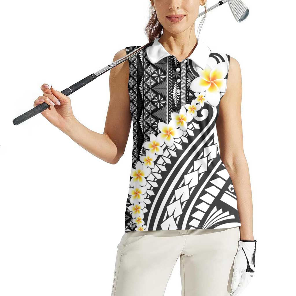 Black Vintage Tonga Ngatu Pattern With Plumeria Women Sleeveless Polo Shirt - Polynesian Pride