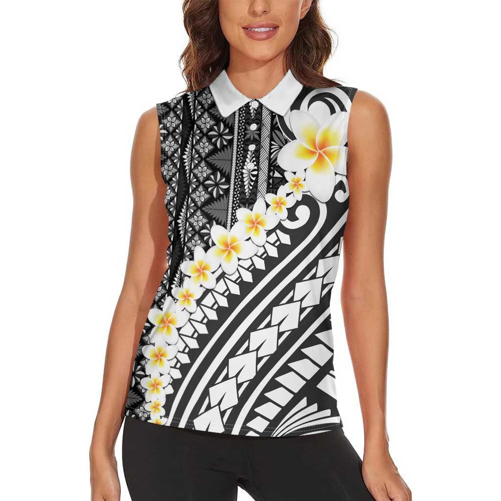 Black Vintage Tonga Ngatu Pattern With Plumeria Women Sleeveless Polo Shirt - Polynesian Pride