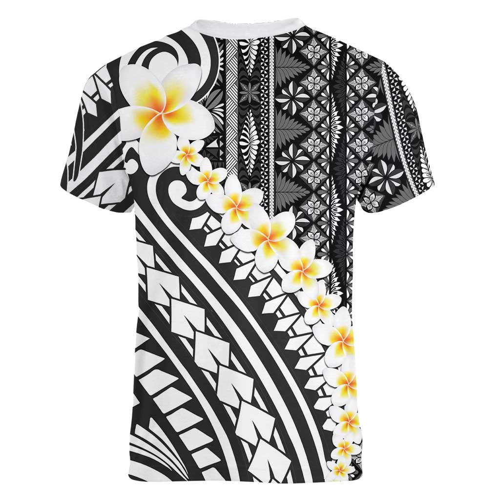 Black Vintage Tonga Ngatu Pattern With Plumeria Women V-Neck T-Shirt - Polynesian Pride