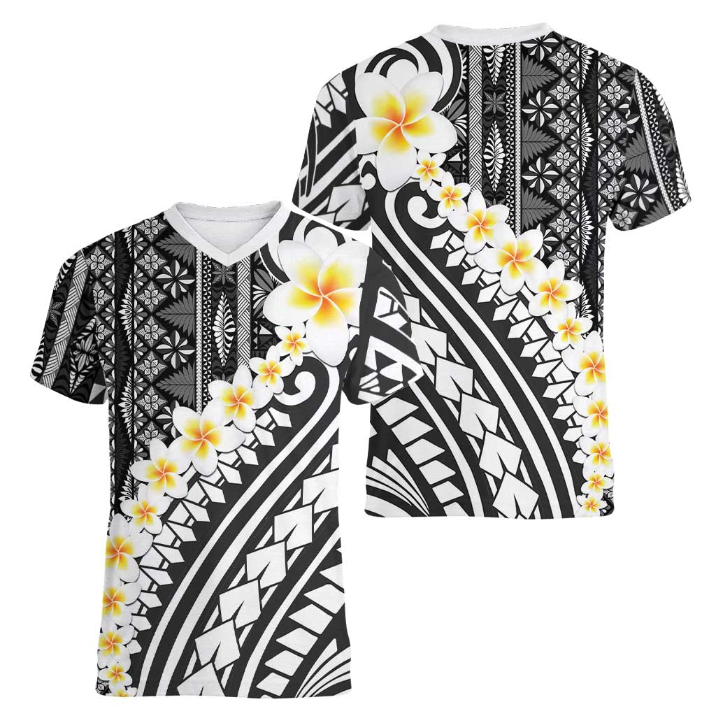 Black Vintage Tonga Ngatu Pattern With Plumeria Women V-Neck T-Shirt - Polynesian Pride