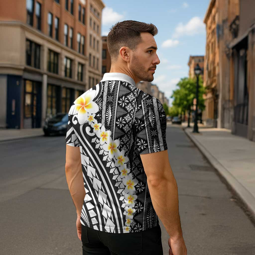 Black Vintage Tonga Ngatu Pattern With Plumeria Zipper Polo Shirt - Polynesian Pride
