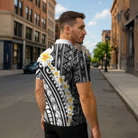 Black Vintage Tonga Ngatu Pattern With Plumeria Zipper Polo Shirt - Polynesian Pride