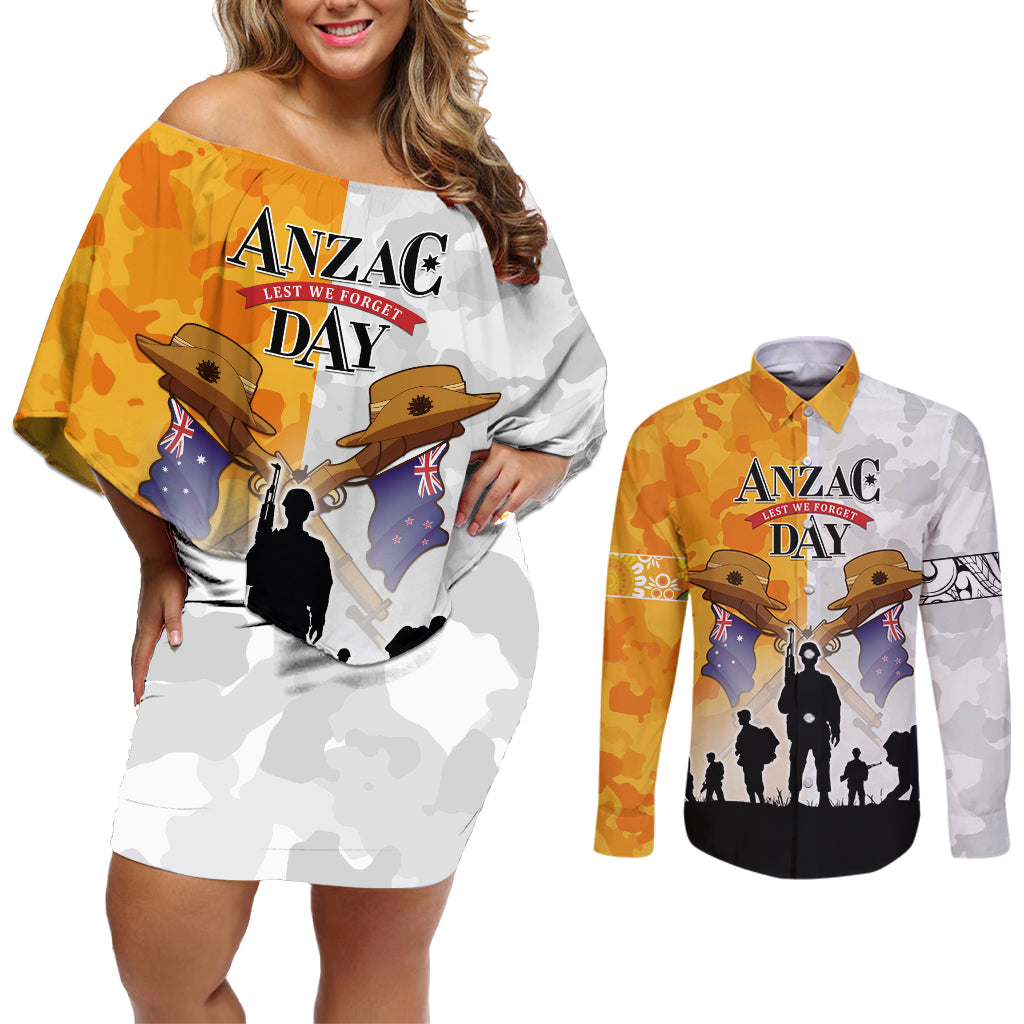 Australia And New Zealand ANZAC Day Couples Matching Off Shoulder Short Dress and Long Sleeve Button Shirt Lest We Forget LT05 Yellow - Polynesian Pride