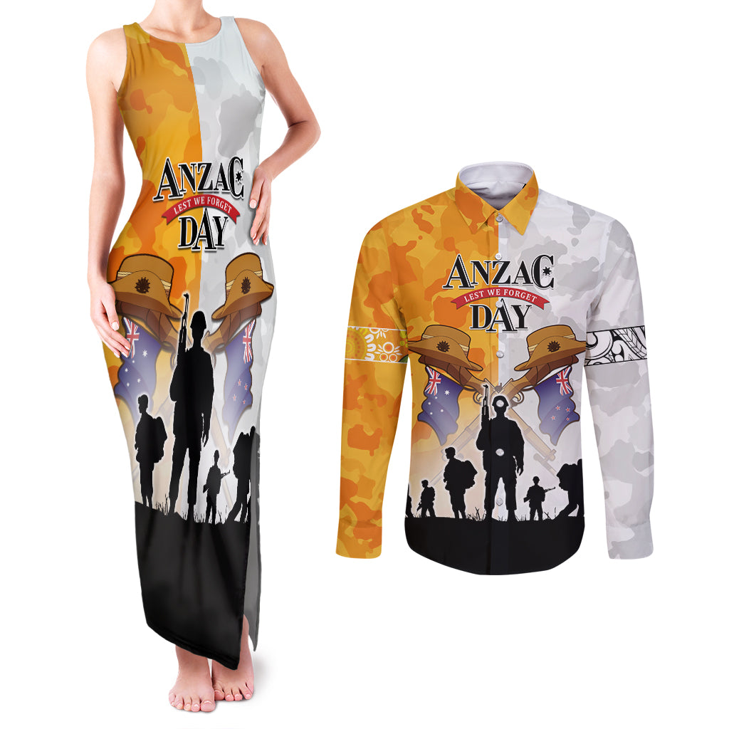 Australia And New Zealand ANZAC Day Couples Matching Tank Maxi Dress and Long Sleeve Button Shirt Lest We Forget LT05 Yellow - Polynesian Pride