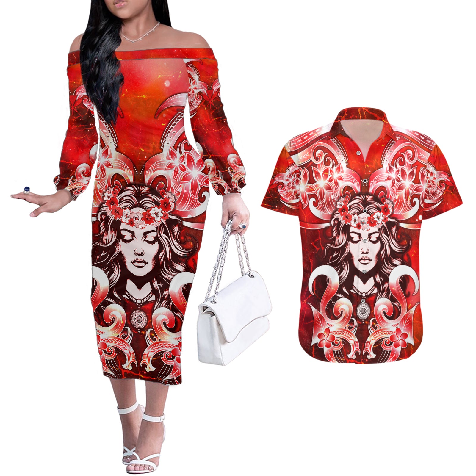Hawaii Goddess Of Fire Madame Pele Couples Matching Off The Shoulder Long Sleeve Dress and Hawaiian Shirt Polynesian Style LT05 Red - Polynesian Pride