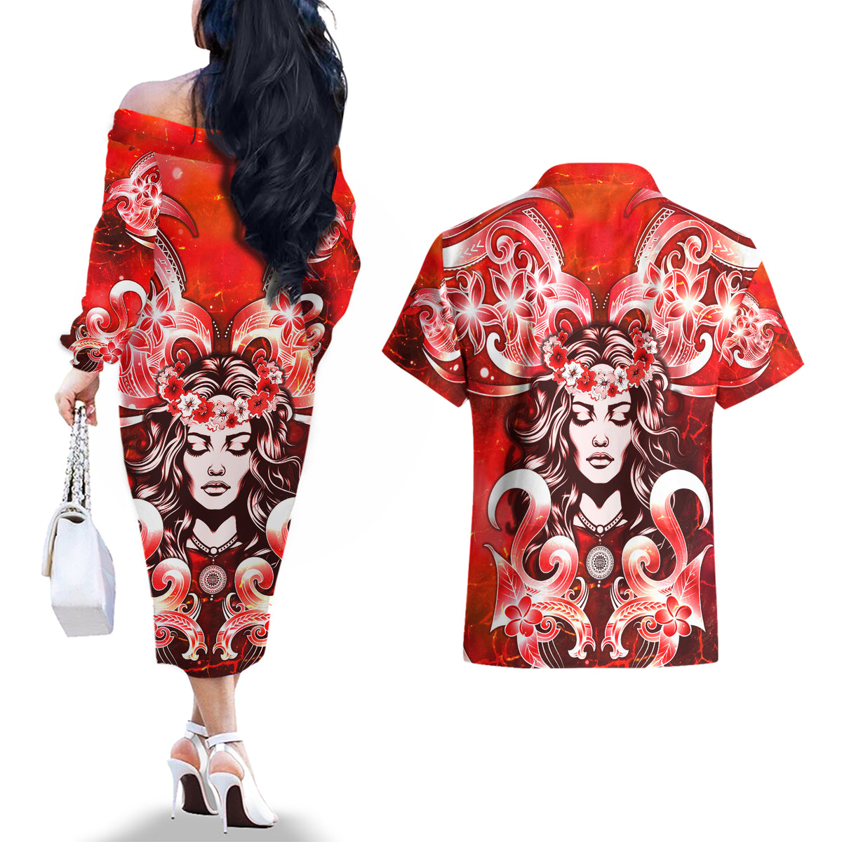 Hawaii Goddess Of Fire Madame Pele Couples Matching Off The Shoulder Long Sleeve Dress and Hawaiian Shirt Polynesian Style LT05 - Polynesian Pride