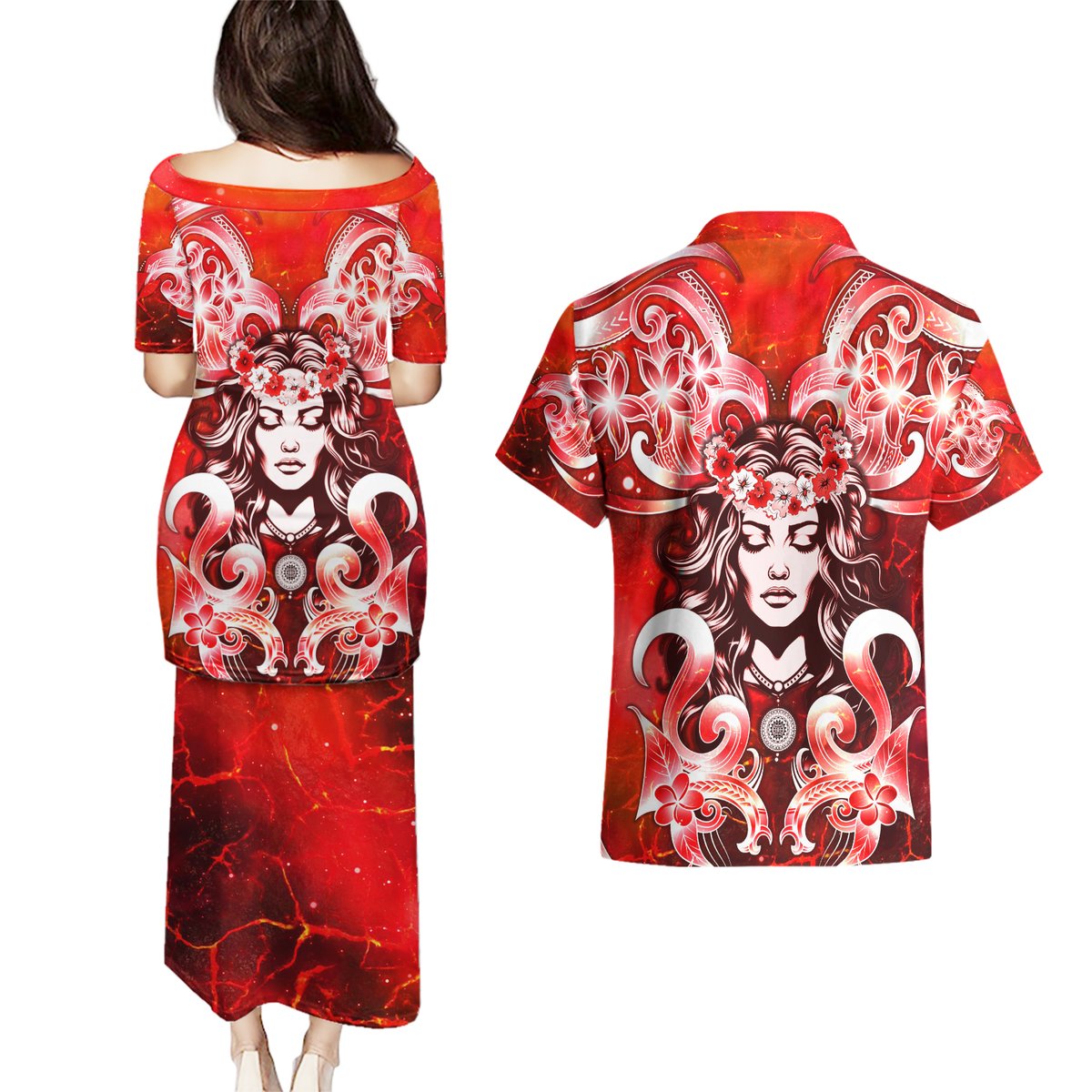Hawaii Goddess Of Fire Madame Pele Couples Matching Puletasi and Hawaiian Shirt Polynesian Style LT05 - Polynesian Pride
