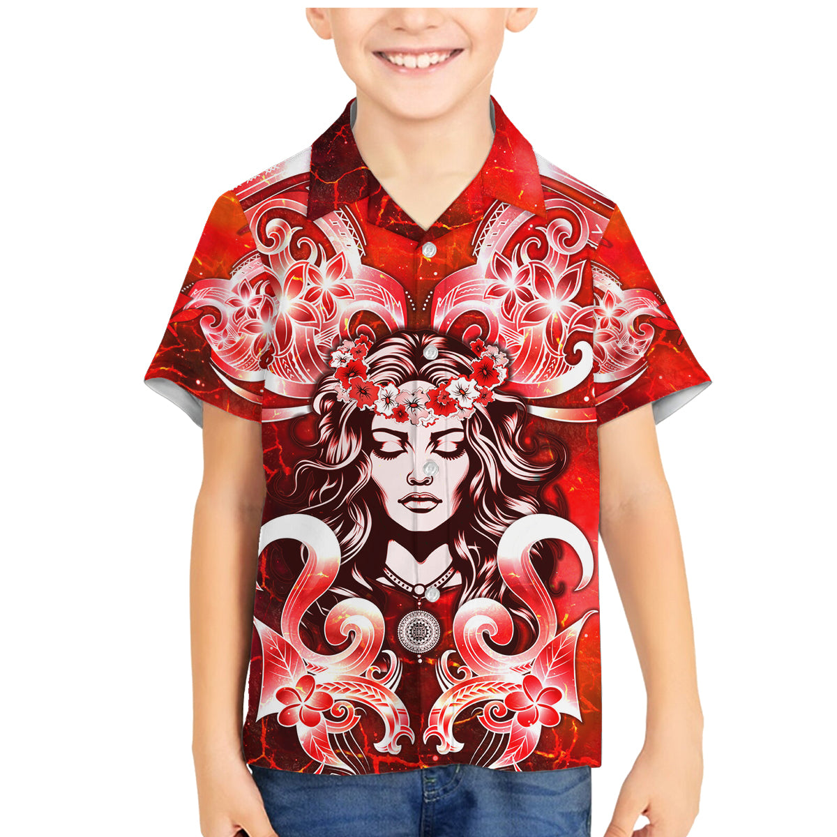 Hawaii Goddess Of Fire Madame Pele Family Matching Mermaid Dress and Hawaiian Shirt Polynesian Style LT05 Son's Shirt Red - Polynesian Pride