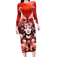 Hawaii Goddess Of Fire Madame Pele Long Sleeve Bodycon Dress Polynesian Style LT05 Long Dress Red - Polynesian Pride
