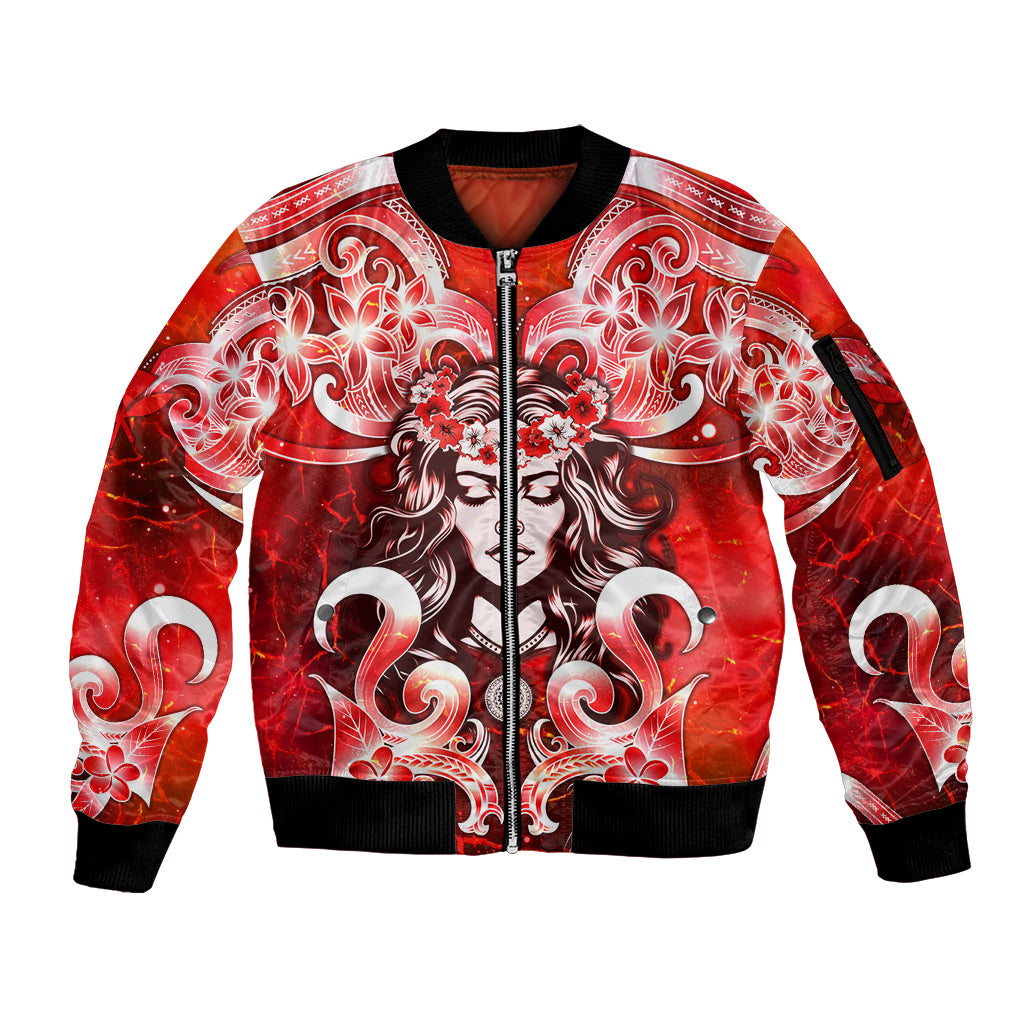 Hawaii Goddess Of Fire Madame Pele Sleeve Zip Bomber Jacket Polynesian Style LT05 Unisex Red - Polynesian Pride