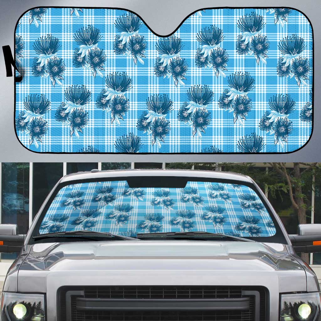Blue Palaka Hawaii Auto Sun Shade Hawaiian Lehua Blossoms