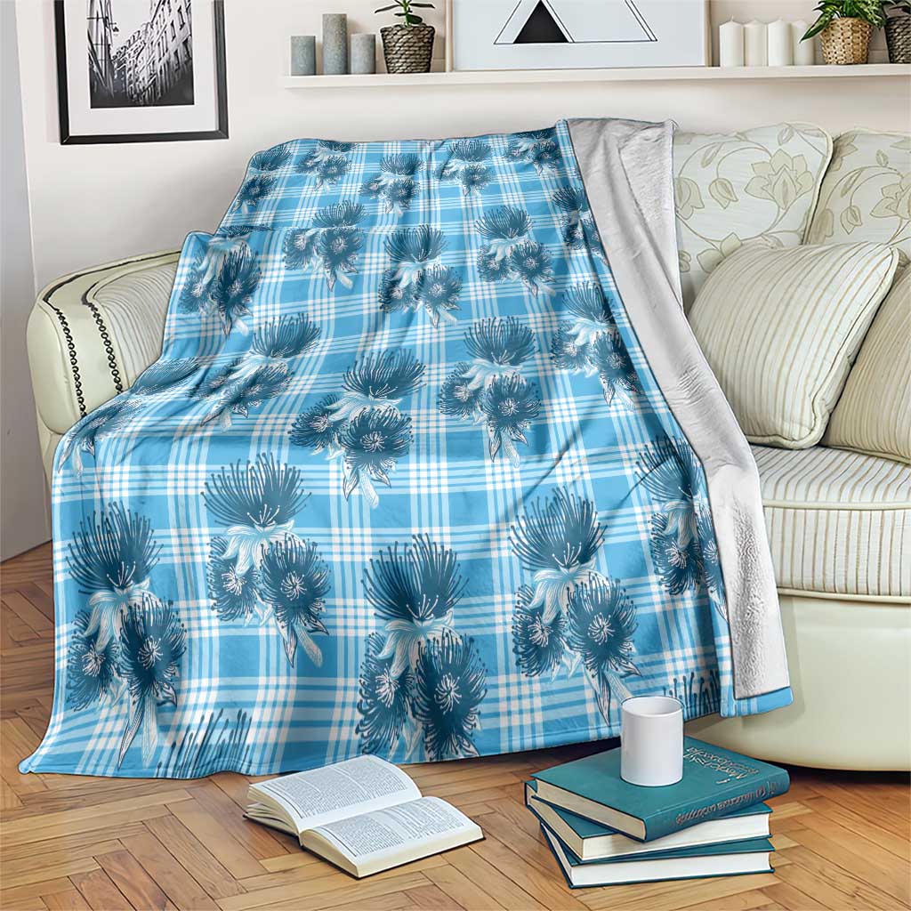 Blue Palaka Hawaii Blanket Hawaiian Lehua Blossoms