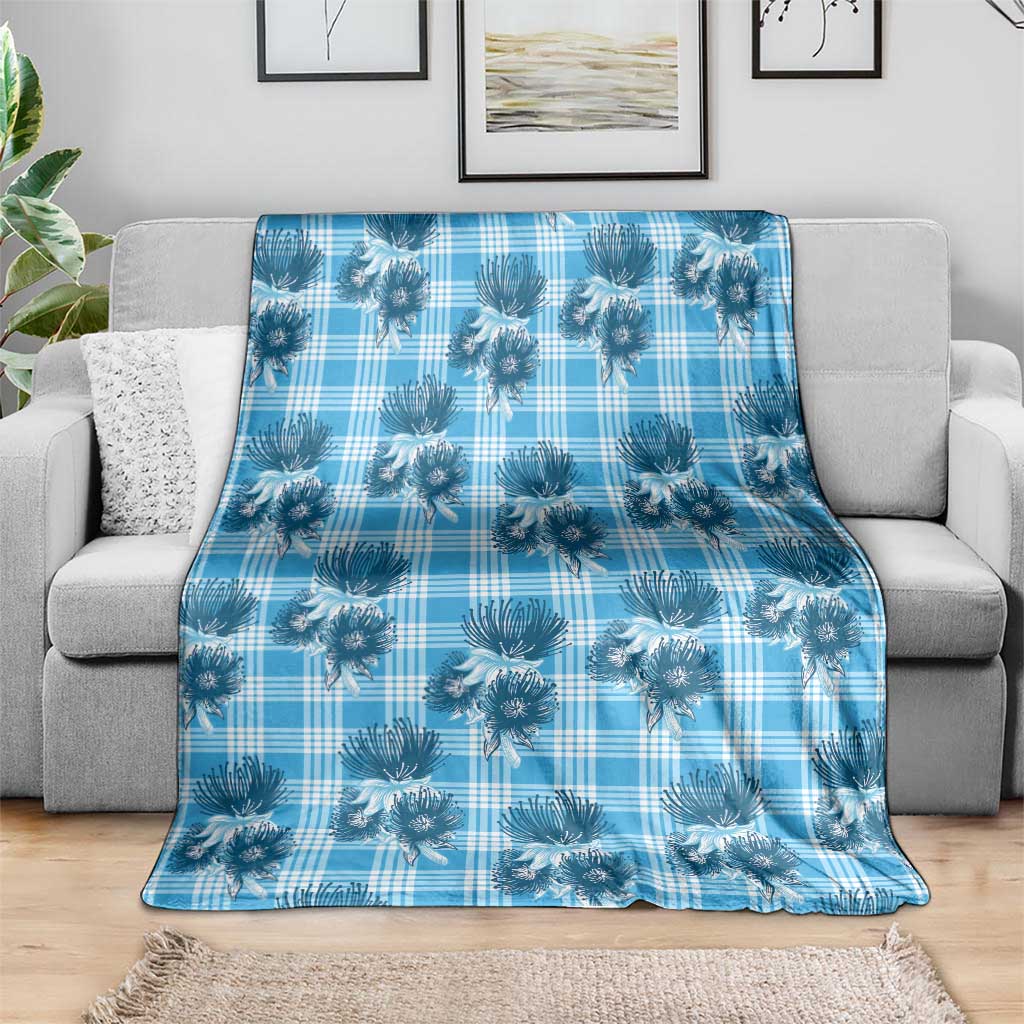 Blue Palaka Hawaii Blanket Hawaiian Lehua Blossoms