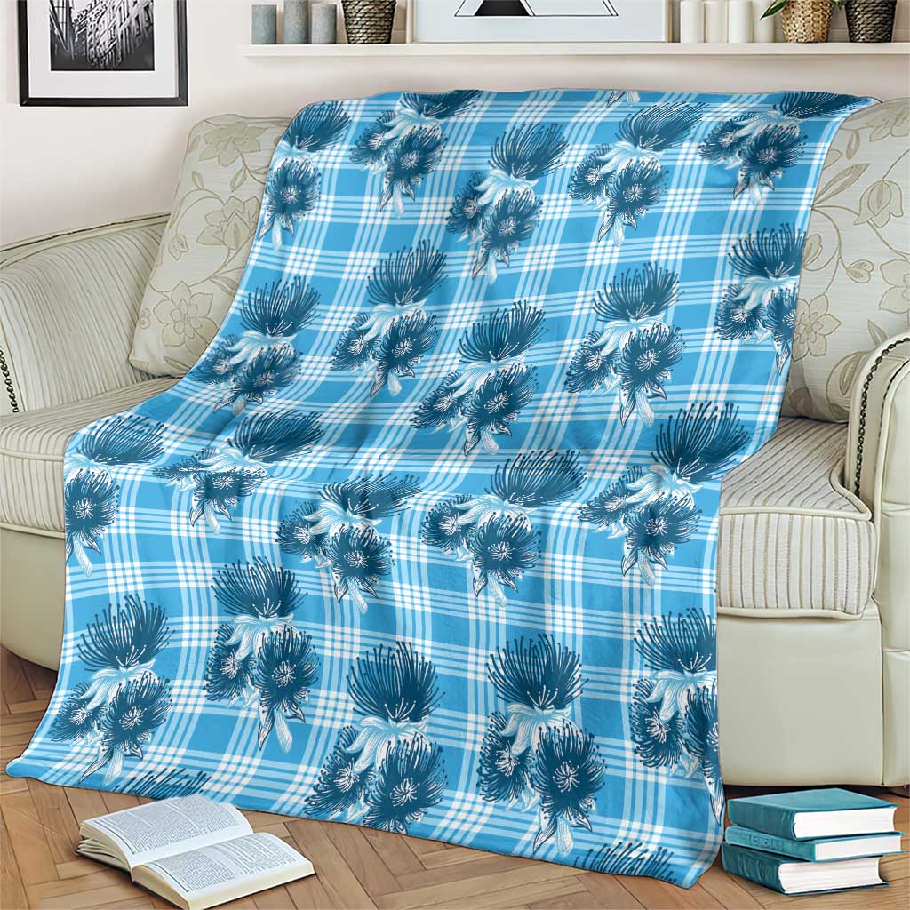 Blue Palaka Hawaii Blanket Hawaiian Lehua Blossoms