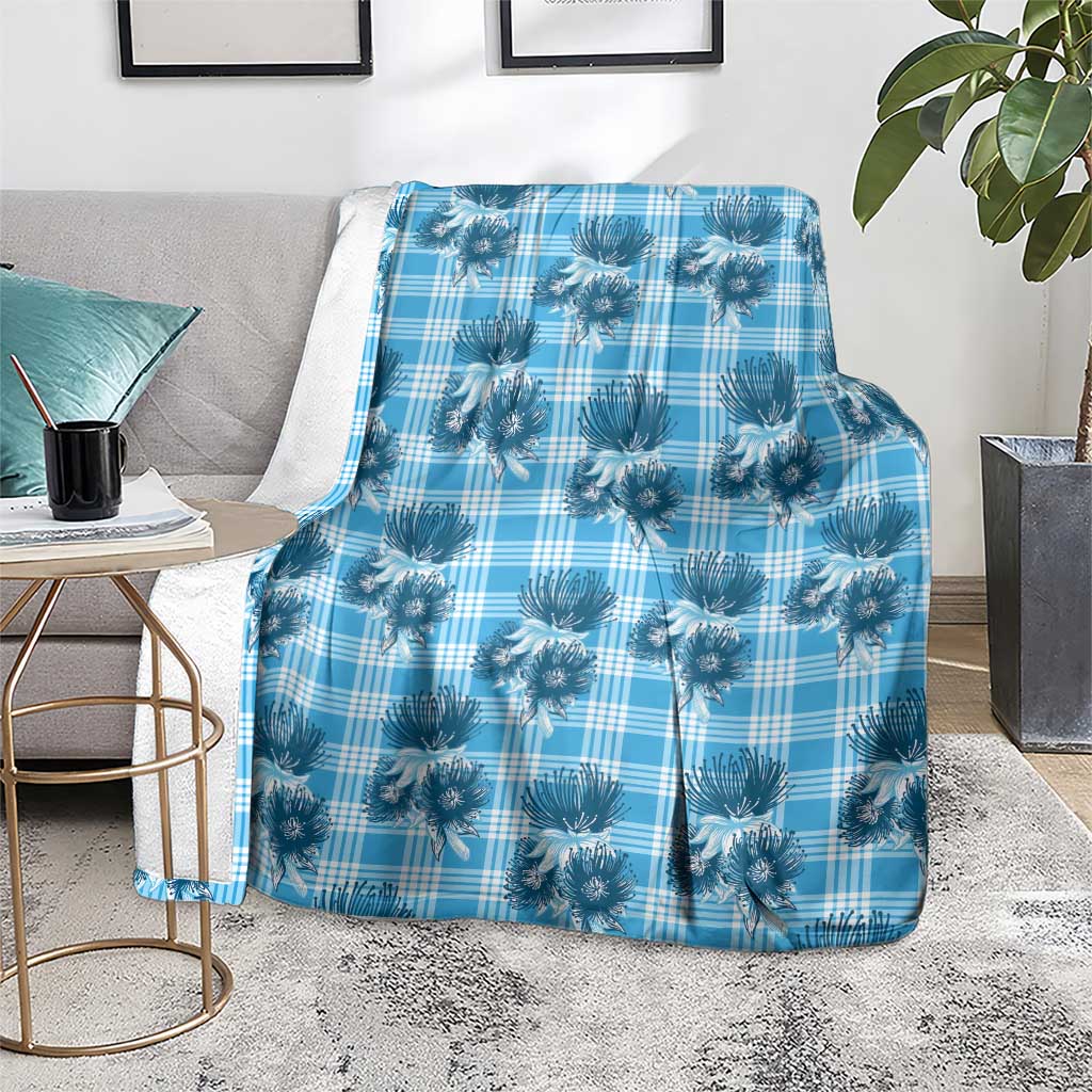 Blue Palaka Hawaii Blanket Hawaiian Lehua Blossoms