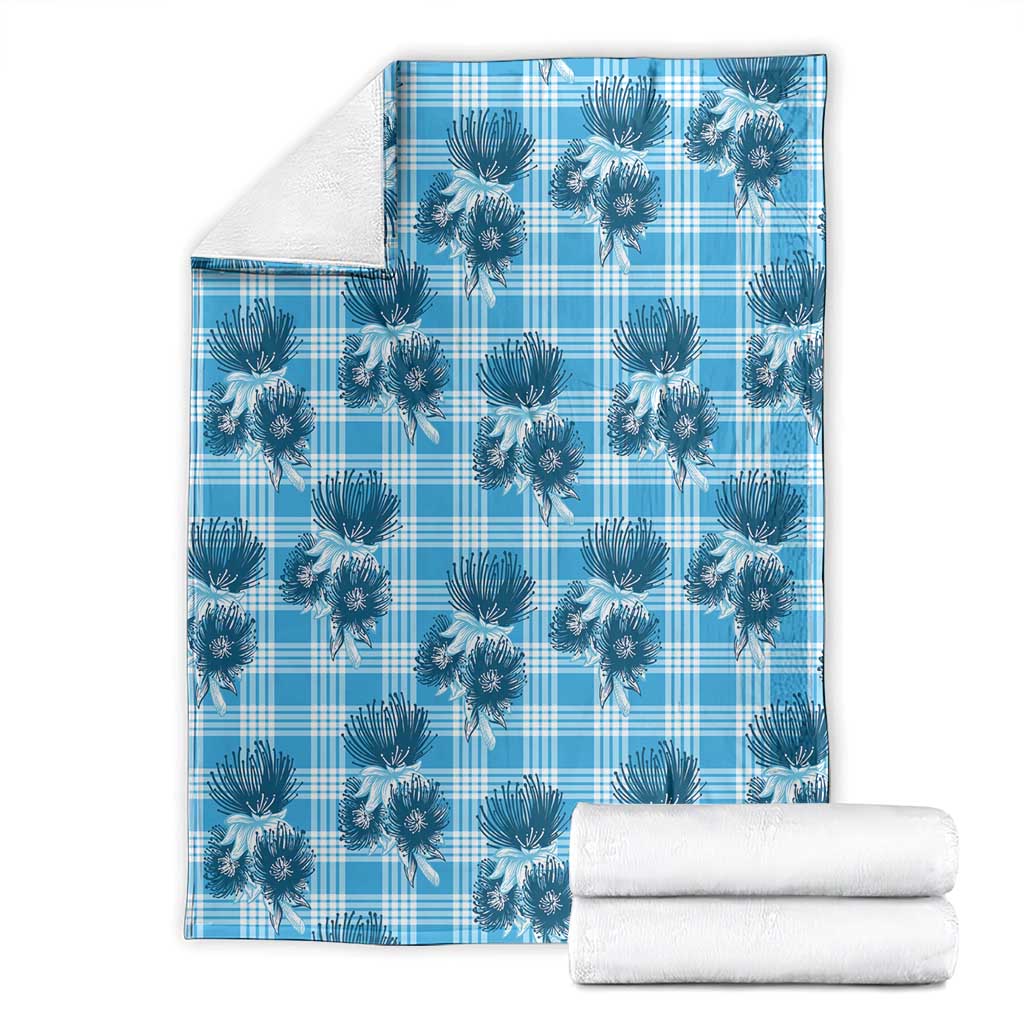 Blue Palaka Hawaii Blanket Hawaiian Lehua Blossoms