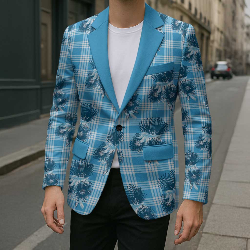 Blue Palaka Hawaii Blazer Hawaiian Lehua Blossoms