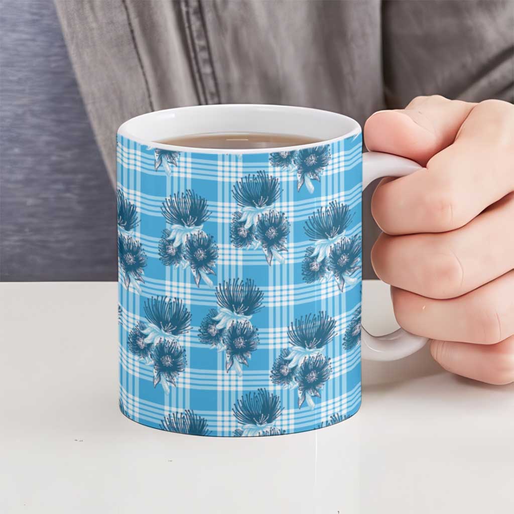 Blue Palaka Hawaii Ceramic Mug Hawaiian Lehua Blossoms