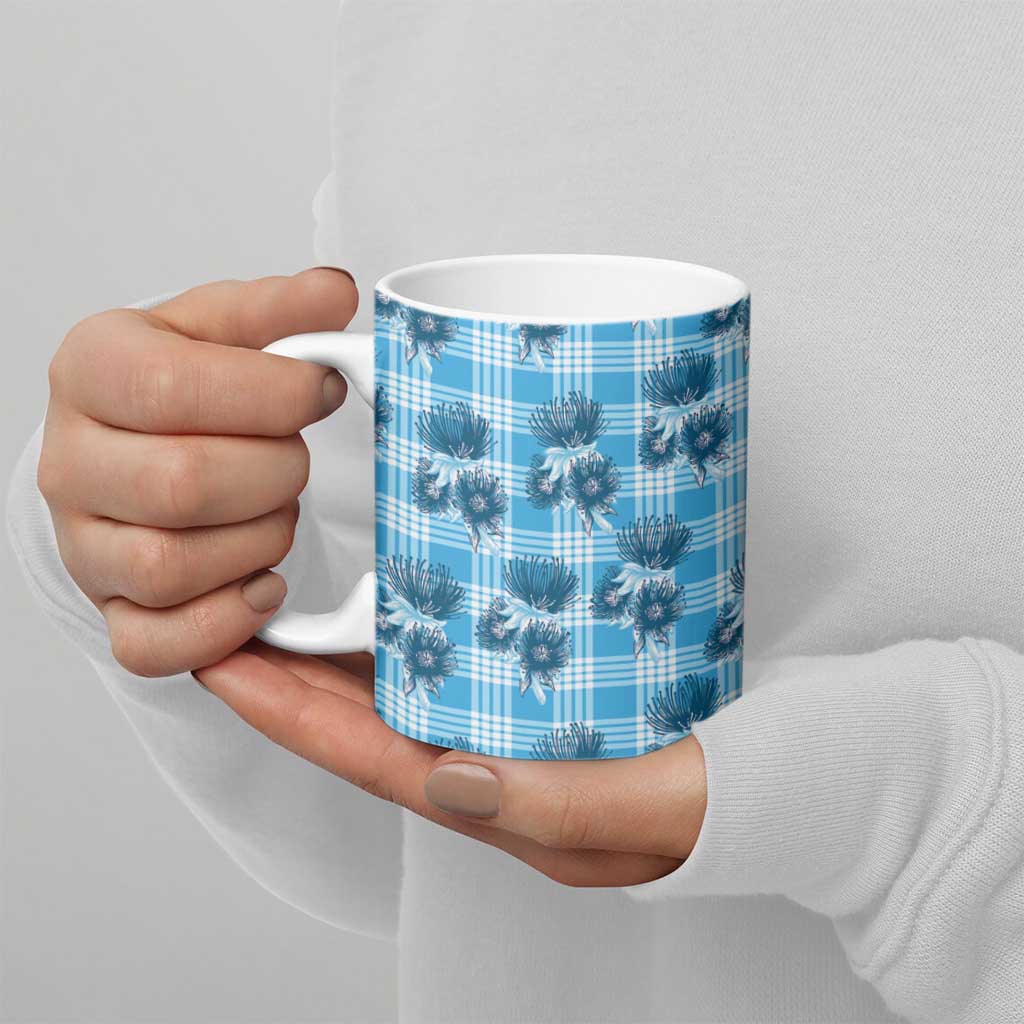 Blue Palaka Hawaii Ceramic Mug Hawaiian Lehua Blossoms