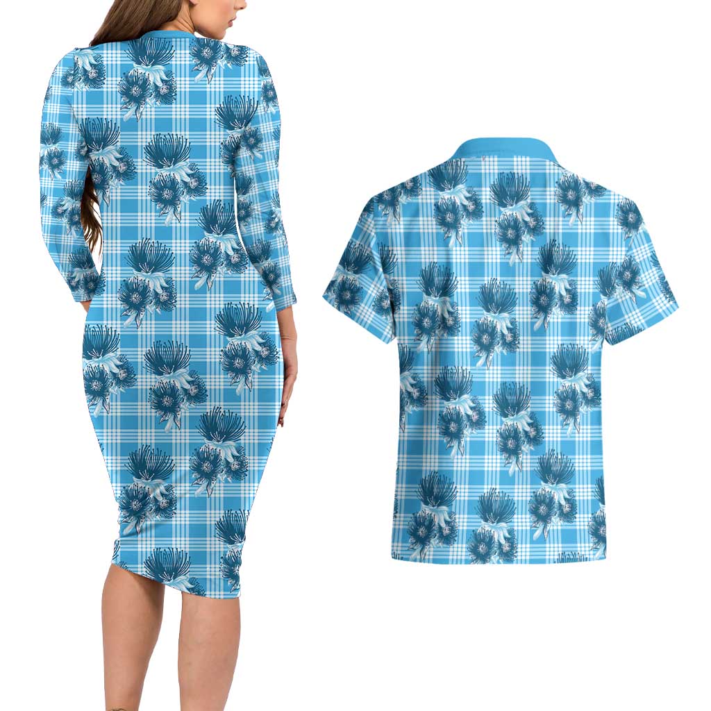 Blue Palaka Hawaii Couples Matching Long Sleeve Bodycon Dress and Hawaiian Shirt Hawaiian Lehua Blossoms LT05 - Polynesian Pride