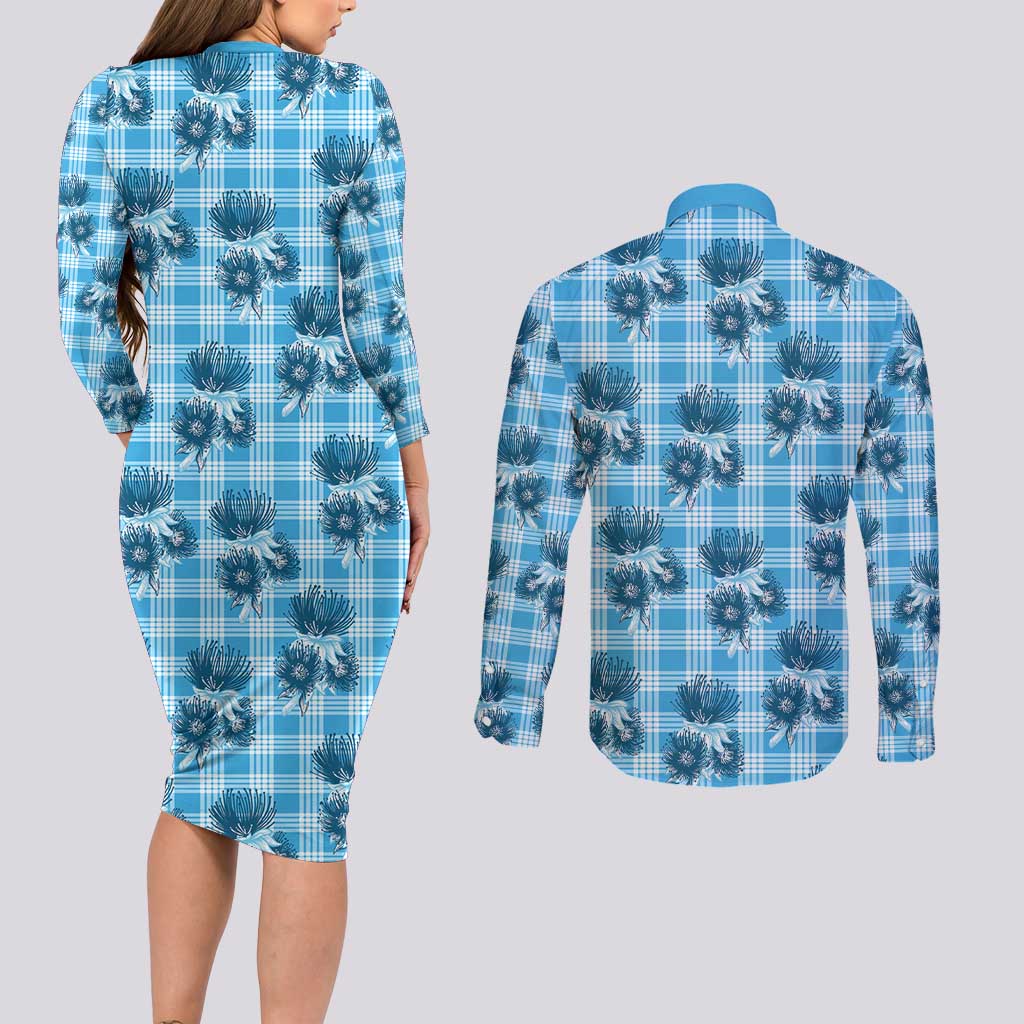 Blue Palaka Hawaii Couples Matching Long Sleeve Bodycon Dress and Long Sleeve Button Shirt Hawaiian Lehua Blossoms LT05 - Polynesian Pride