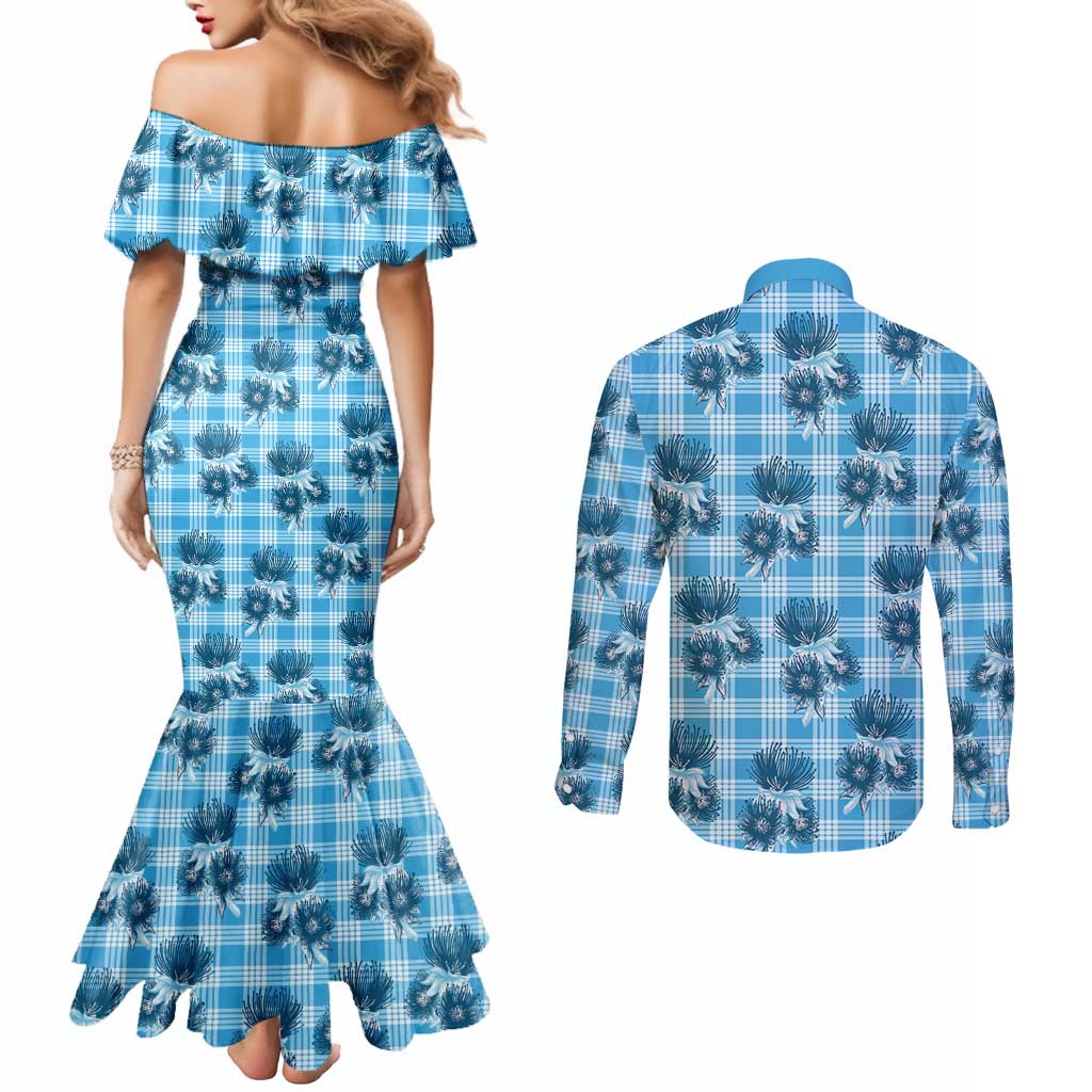 Blue Palaka Hawaii Couples Matching Mermaid Dress and Long Sleeve Button Shirt Hawaiian Lehua Blossoms