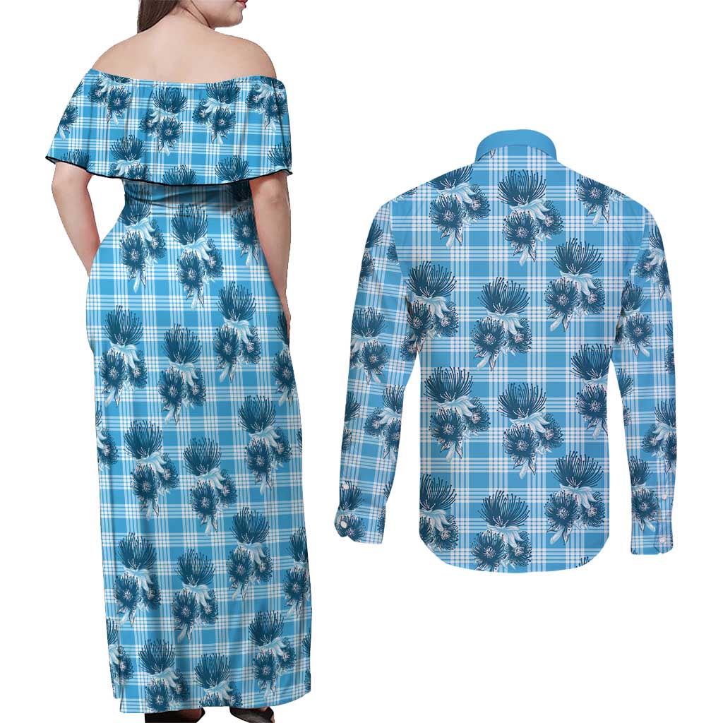 Blue Palaka Hawaii Couples Matching Off Shoulder Maxi Dress and Long Sleeve Button Shirt Hawaiian Lehua Blossoms LT05 - Polynesian Pride