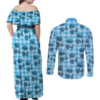 Blue Palaka Hawaii Couples Matching Off Shoulder Maxi Dress and Long Sleeve Button Shirt Hawaiian Lehua Blossoms LT05 - Polynesian Pride