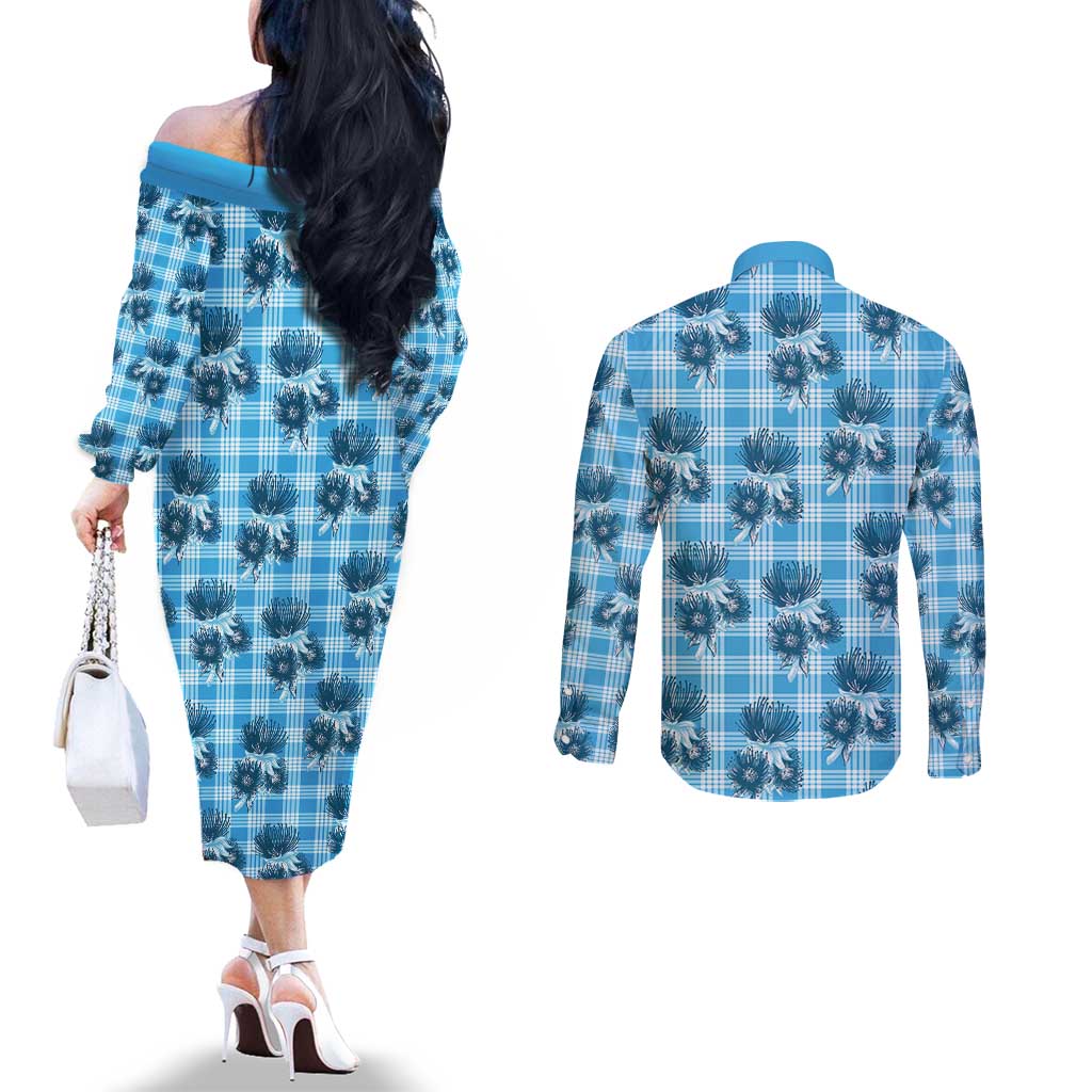 Blue Palaka Hawaii Couples Matching Off The Shoulder Long Sleeve Dress and Long Sleeve Button Shirt Hawaiian Lehua Blossoms LT05 - Polynesian Pride