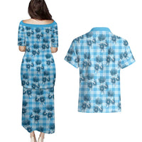 Blue Palaka Hawaii Couples Matching Puletasi and Hawaiian Shirt Hawaiian Lehua Blossoms LT05 - Polynesian Pride