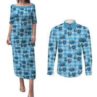 Blue Palaka Hawaii Couples Matching Puletasi and Long Sleeve Button Shirt Hawaiian Lehua Blossoms